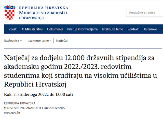 Natječaj za dodjelu državnih stipendija za akademsku godinu 2022./2023.