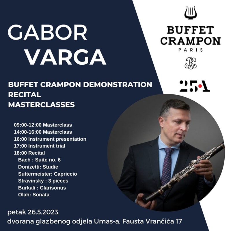 Gabor Varga – masterclass, izložba i isprobavanje Buffet Crampon instrumenata, koncert Gabora Varge