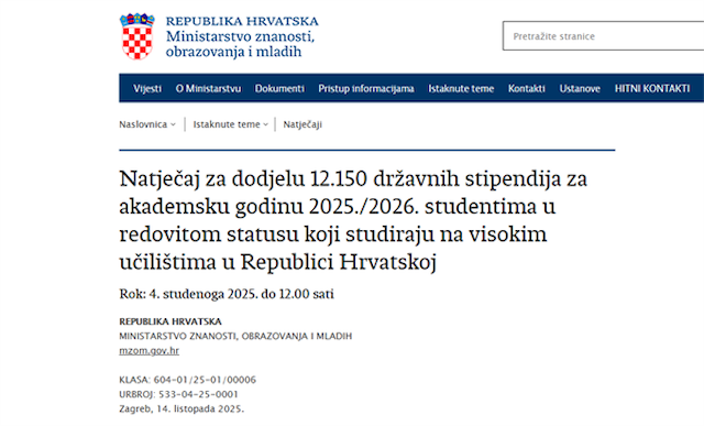 Natječaj za stipendije Ministarstva
