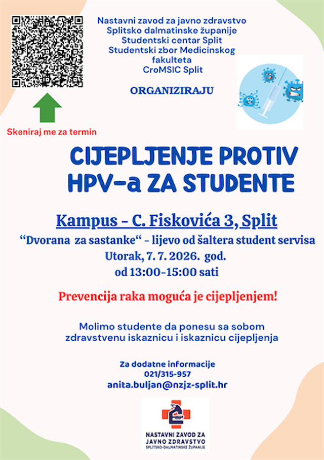 Obavijest o cijepljenju protiv HPV-a za studente